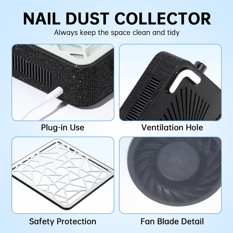 Professional Nail Dust Collector, Powerful Vacuum Fan Vent Dust Collector Extractor Dust Suction Machine for Acrylic Nails Polishing, Nail Salon, Black Diamond