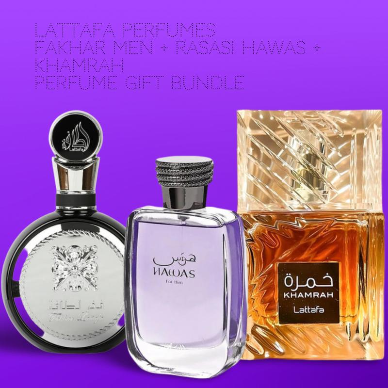 Lattafa Perfumes Fakhar men + Rasasi Hawas + Khamrah 100ml (3.4 Fl oz) Long Lasting Perfume - Value Bundle - Fragrance Gift Bundle