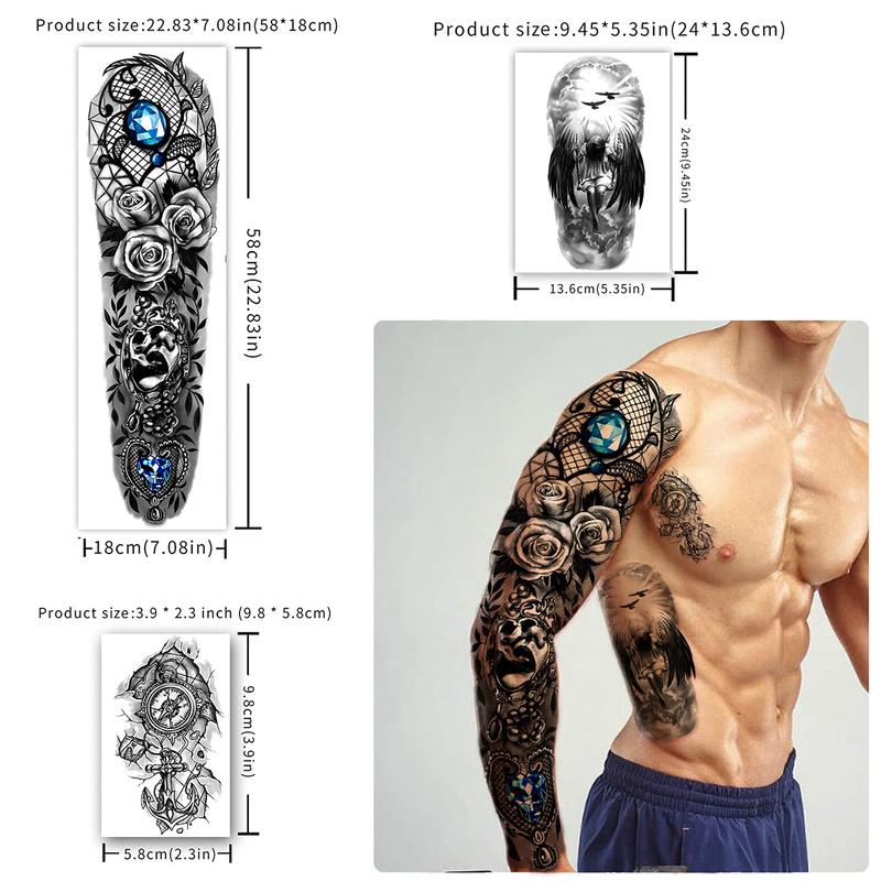 Full Arm Temporary Tattoo Waterproof For Men(L22.8“xW7”), 46 Sheets Fake Tattoos for Women Lion Tiger Clock Flower Skeleton Animals Design, Hand Forearm Shoulder 3D Temporary Tattoos Stickers bic  temporary party tattoo