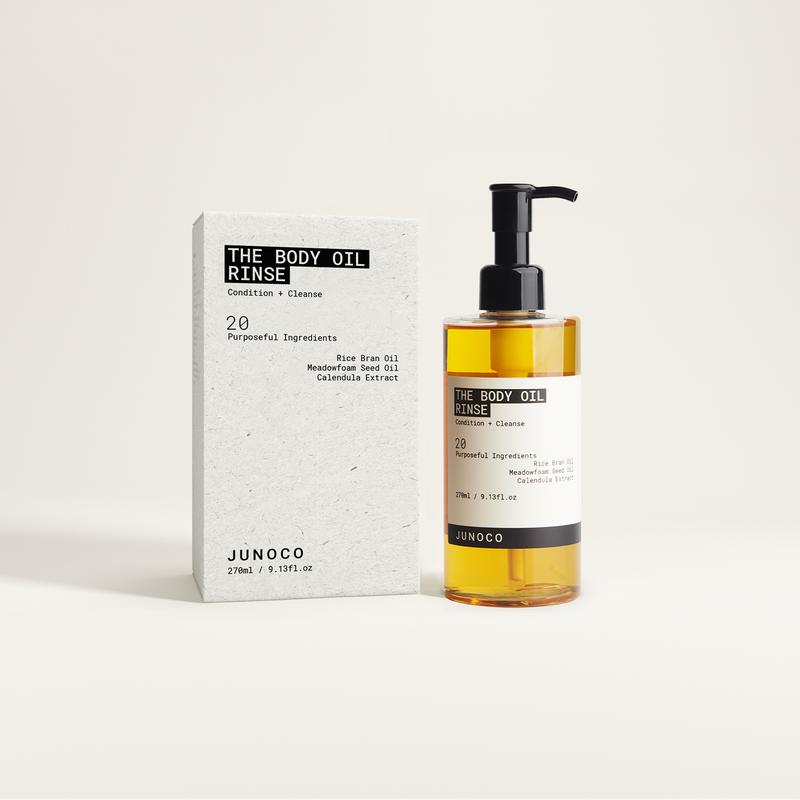 JUNOCO The Body Oil Rinse. 9.13oz. Shower Oil Body Wash with Rice Bran Oil, Meadowfoam Seed Oil, and Calendula Extract.