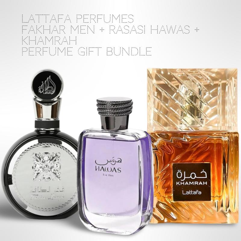 Lattafa Perfumes Fakhar men + Rasasi Hawas + Khamrah 100ml (3.4 Fl oz) Long Lasting Perfume - Value Bundle - Fragrance Gift Bundle