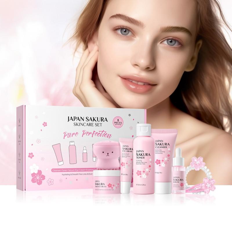 Daily Skin Care Set, Gentle Korean Skin Care Set, Women's Skin care Set Gift Box, including cleanser, toner, Lotion, Serum, Eye Cream, Essence Cream Cherry Blossom Beauty Products, 8 pcs Skin Repair