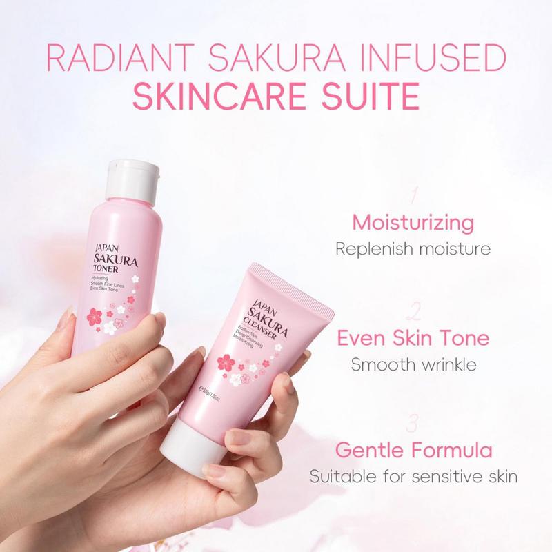 Daily Skin Care Set, Gentle Korean Skin Care Set, Women's Skin care Set Gift Box, including cleanser, toner, Lotion, Serum, Eye Cream, Essence Cream Cherry Blossom Beauty Products, 8 pcs Skin Repair