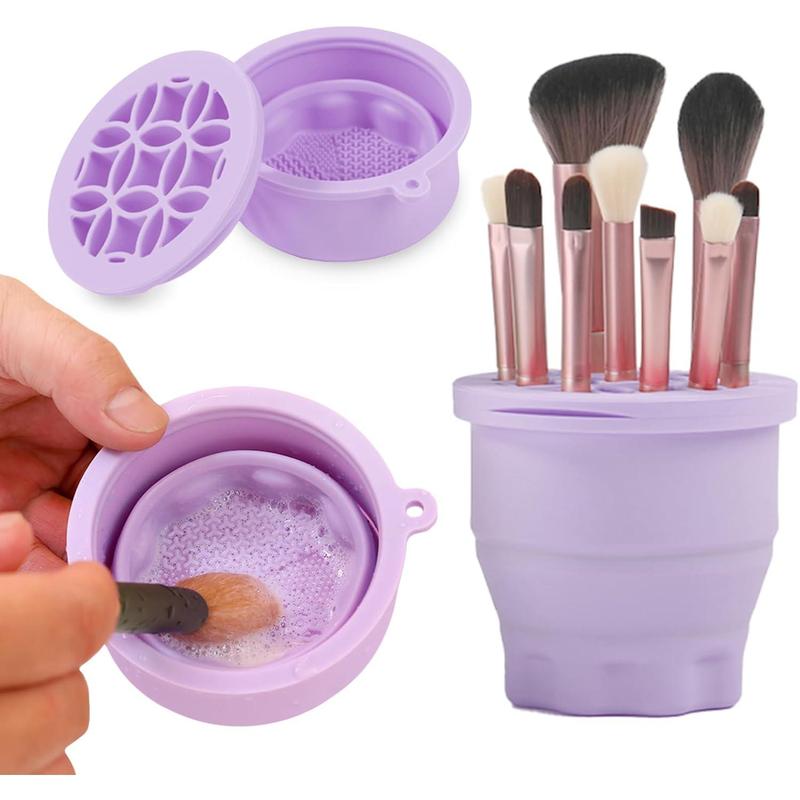 Makeup Brushes Cleaner Mat with Brush Storage Holder, Folding Portable Washing Tool for Makeup Brush Cleaning, 2 In 1 Silicone Brush Cleaner Pad & Cosmetic Brush Organizer Rack (Purple)