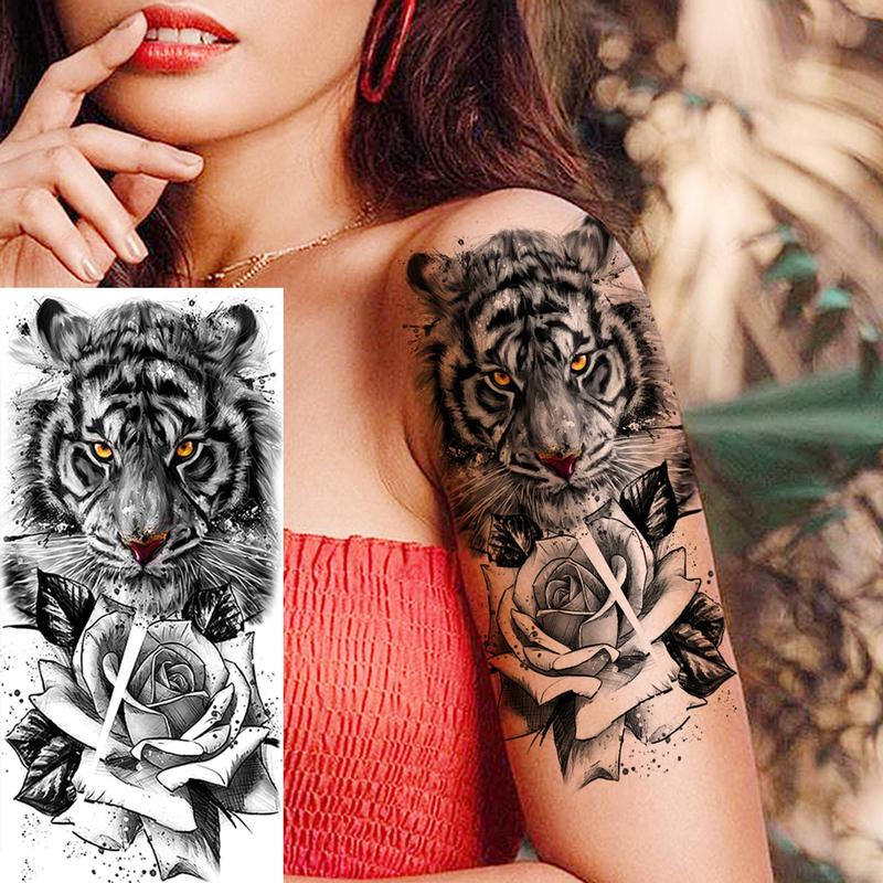 Flower & Tiger Pattern Temporary Tattoo Sticker, 8 Counts set Waterproof Floral Fake Tattoo Decals, DIY Body Art Stickers for Women & Men