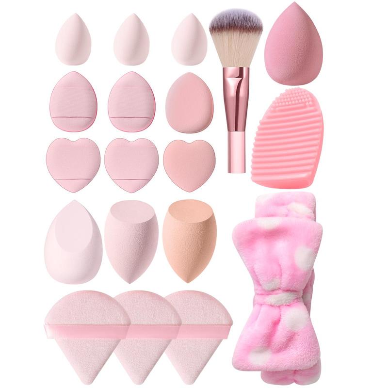 Cosmetics Sponges & Makeup Brushes Set, 19pcs Including 4 Beauty Blenders, 3 Mini Beauty Sponges, 9 Powder Puffs, Makeup Brush, Brush Cleaning Pad & Headband