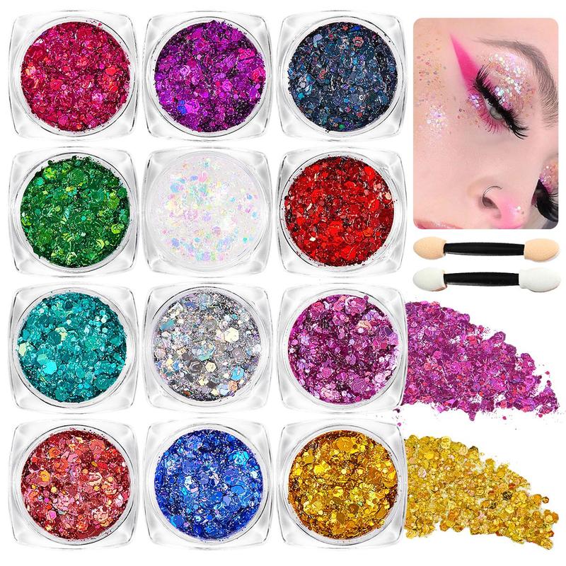 12 Color Glitter Gel with 2 Counts Brush, 3 Counts set Long Lasting Shimmering Body Makeup Kit, Sparkling Makeup Products for Festival Party