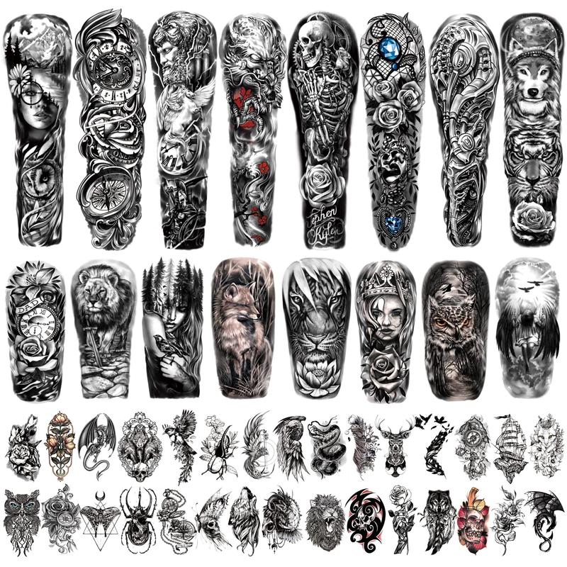 Full Arm Temporary Tattoo Waterproof For Men(L22.8“xW7”), 46 Sheets Fake Tattoos for Women Lion Tiger Clock Flower Skeleton Animals Design, Hand Forearm Shoulder 3D Temporary Tattoos Stickers bic  temporary party tattoo