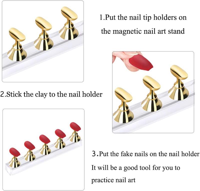 Acrylic Nail Display Stand DIY Nail Crystal Holder Magnetic Practice Stands with Reusable Adhesive Putty Clay for False Nail Tip Manicure Tool