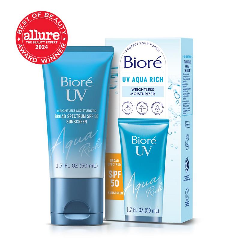 Bioré Hydration & Pore Perfection Bundle: Aqua Rich UV SPF 50 Moisturizer Sunscreen & Limited Edition Kiss Strip Deep Cleansing Pore Strips Pack Set