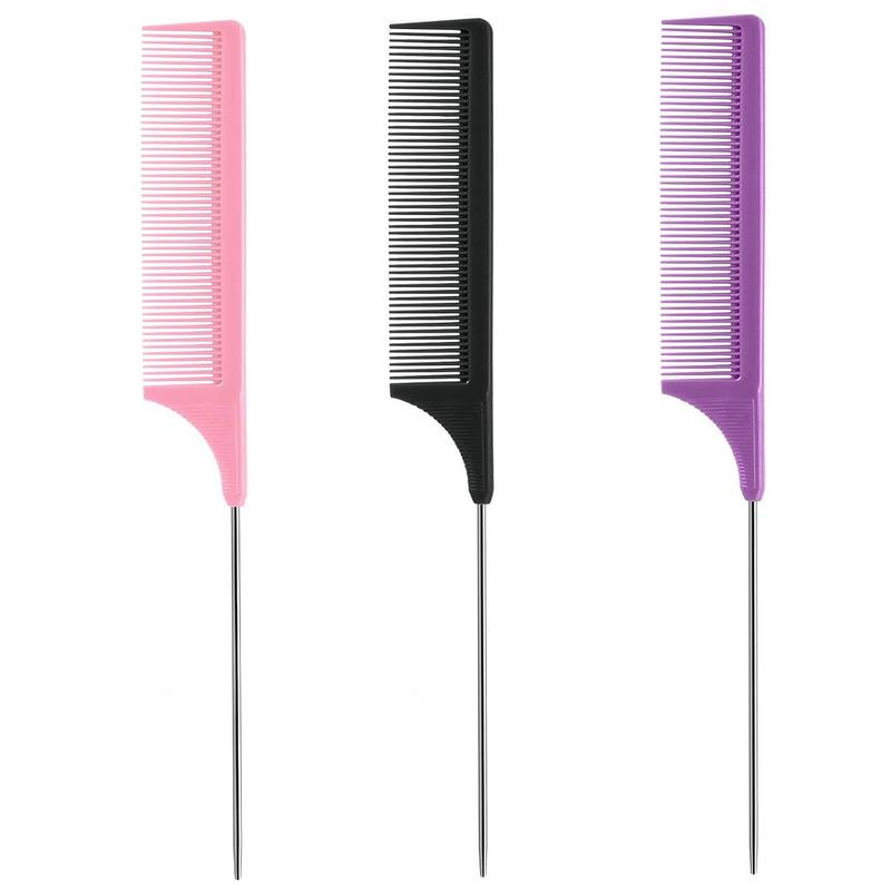 Rat Tail Comb Set, 3 count Carbon Fiber Hair Combs for Salon, Hair Styling, Parting,  Combing,  Styling and Hair Coloring, Purple|Black|Pink, Lightweight and Durable, Hair Combs for Women