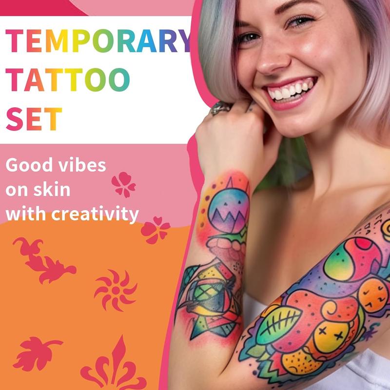 Temporary Tattoo Markers Set for Skin - Includes 15-Color Tattoo Pens, 50 Paint Stencils & 43 Tattoo Stickers, Glitter, Matte, Neon Glow Body Markers - Removable Fake Tattoos Kit for Teens & Adults, Perfect for Parties, Festivals, Cosplay