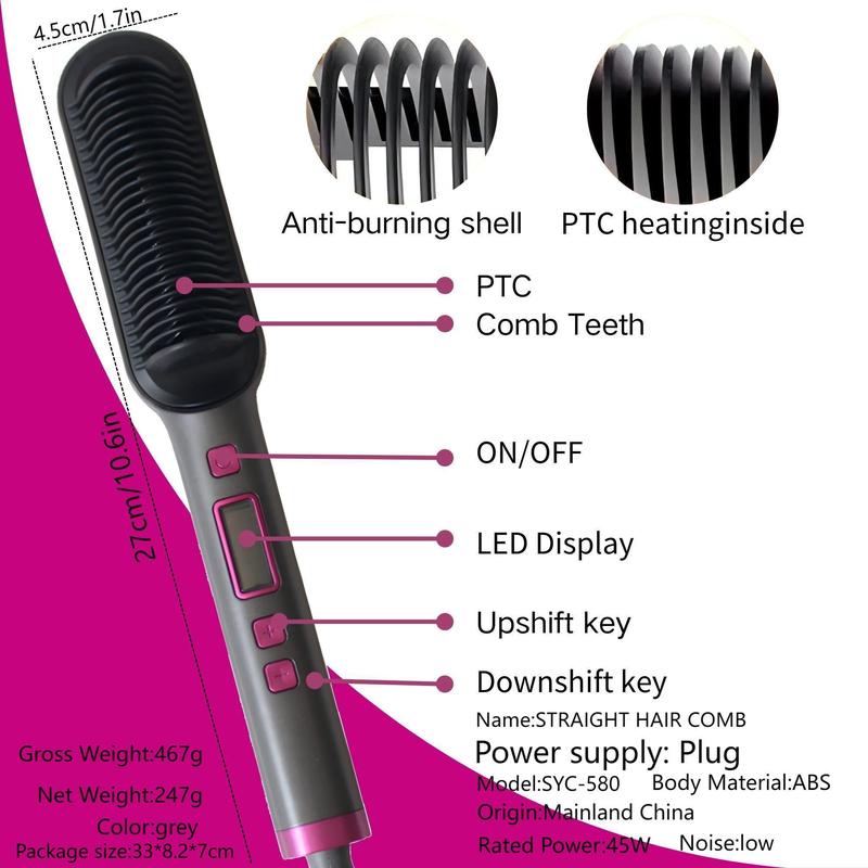 Hair Straightener Brush, Anti-scald Comb Design Hair Straightening Brush, LCD Screen Hot Hair Brush for Smooth Frizz Free Hair