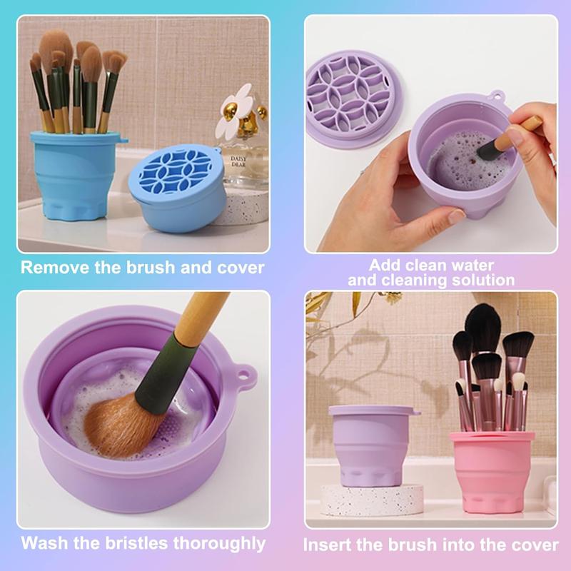 Makeup Brushes Cleaner Mat with Brush Storage Holder, Folding Portable Washing Tool for Makeup Brush Cleaning, 2 In 1 Silicone Brush Cleaner Pad & Cosmetic Brush Organizer Rack (Purple)