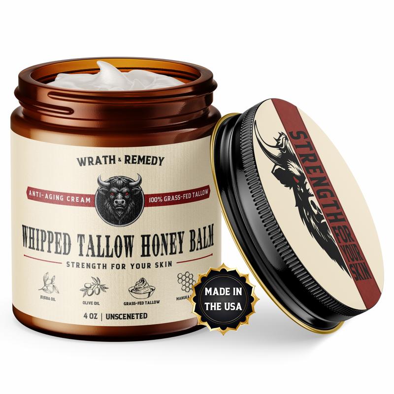 Wrath & Remedy Whipped Beef Tallow Moisturizer For Face, Body, & Skin - Made With 100% Grassfed Beef Tallow, Manuka Honey, Cold Pressed Olive Oil, Jojoba Oil, Eucalyptus Treats Acne, Eczema anti wrinkle