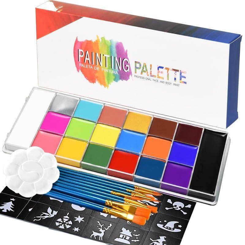 &   Kit, 20 Colors Water Activated Makeup Palette, Includes  Tray, Brushes and Stencils, Professional, Non  Art Painting Kit for Halloween, , Parties, Theater & Stage