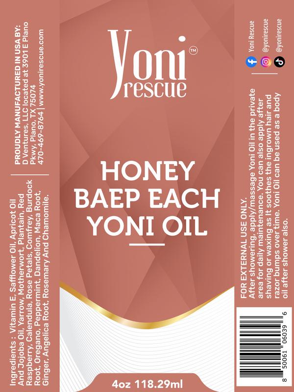 Honey Bae Peach Yoni Oil, 4oz, with Apricot, Jojoba, Avocado Oils & Vitamin E Oil, Fast-Absorbing, Nourishes and Hydrates Skin, Skin Repair, Body Care, Ideal for All Skin Types, Peach & Honey Scented Fragrance Moisturizer, by Yoni Rescue