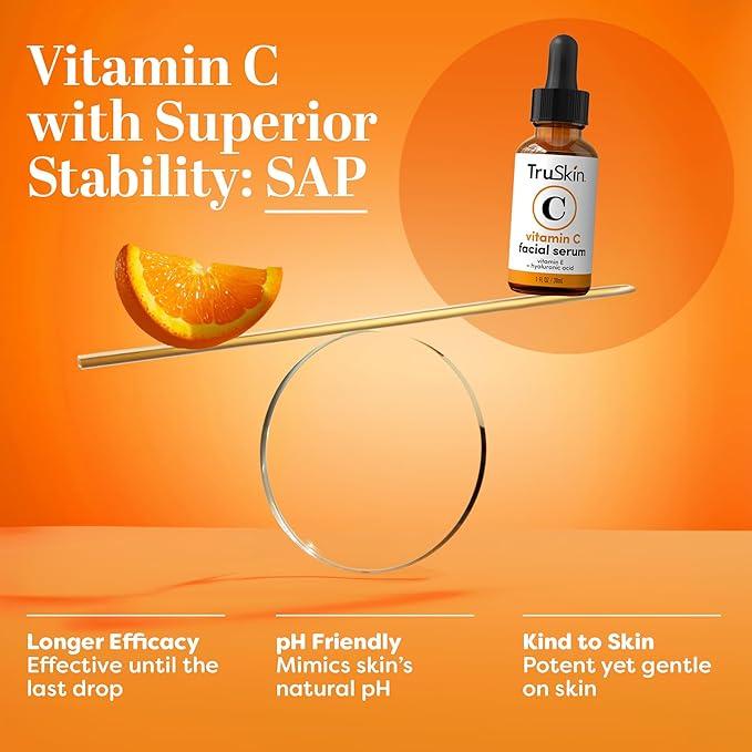 TruSkin Vitamin C Serum – Anti Aging Facial Serum with Vitamin C, Hyaluronic Acid, Vitamin E & More – Brightening Serum for Dark Spots, Even Skin Tone, Eye Area, Fine Lines & Wrinkles, 1 Fl Oz fresh  skin collagen boost nourish skin Skincare Skin Repair