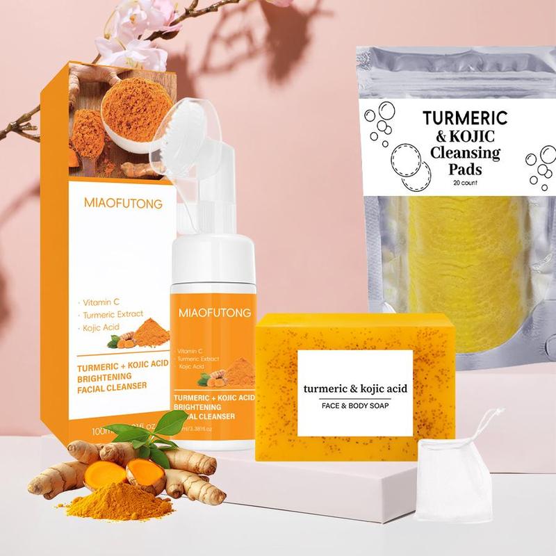 Turmeric Cleansing Set, 3 Counts set Turmeric Soap & Cleansing Pad & Mousse Cleanser, Deep Cleansing & Nourishing Skin Care Kit for Women & Men, Christmas Gift