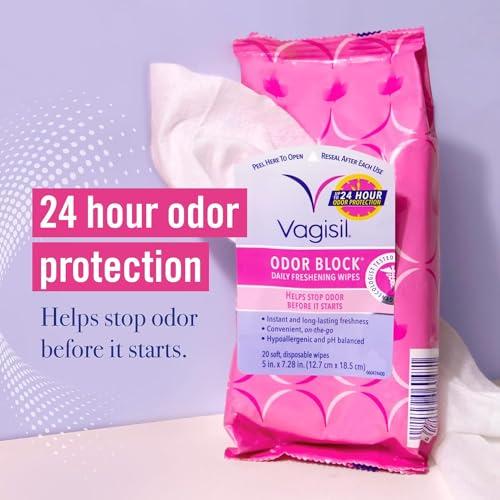 Vagisil Odor Block Daily Freshening Wipes for Feminine Hygiene, Pack of 3, 20 Wipes, Hypoallergenic - Comfort