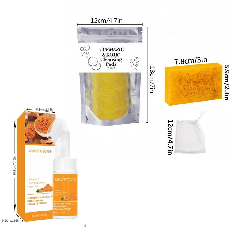 Turmeric Cleansing Set, 3 Counts set Turmeric Soap & Cleansing Pad & Mousse Cleanser, Deep Cleansing & Nourishing Skin Care Kit for Women & Men, Christmas Gift