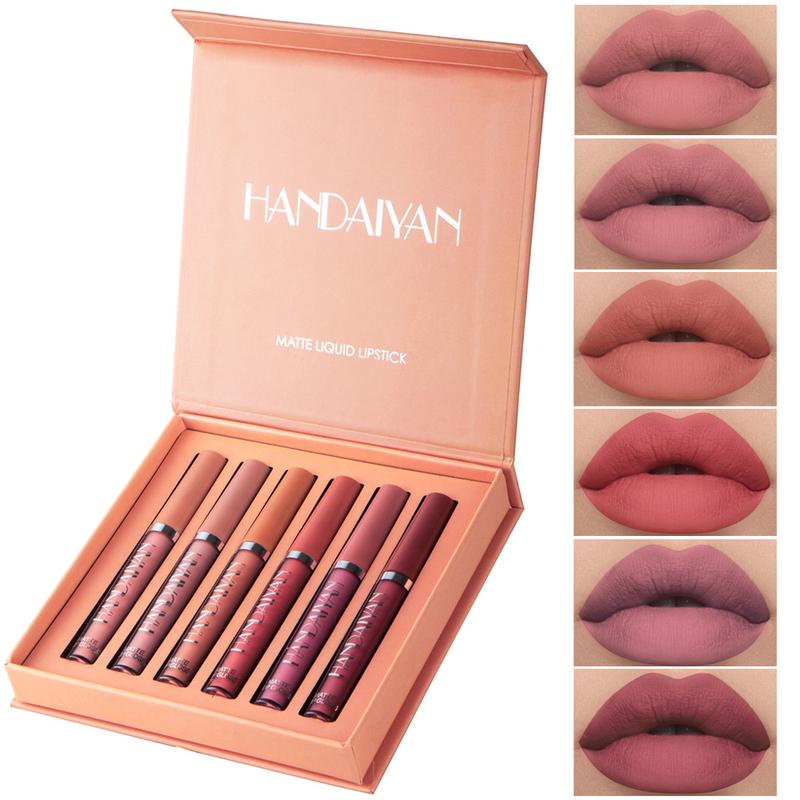 HANDAIYAN 6 Counts Matte Liquid Lipstick Set Lip Stain Makeup, Long Lasting High Pigmented Nude Waterproof Non-Stick Cup Lip Gloss Kit for Girls Women Make up Gift Set