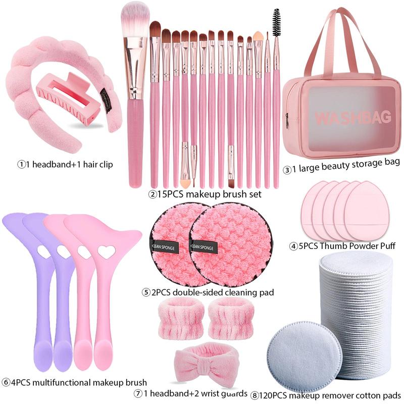 Professional Makeup Tool Set, 1 Box Makeup Brush & Makeup Remover Pads & Hair Band & Wristband & Puffs & Bag, Multifunctional Travel Makeup Cleansing Tool Set