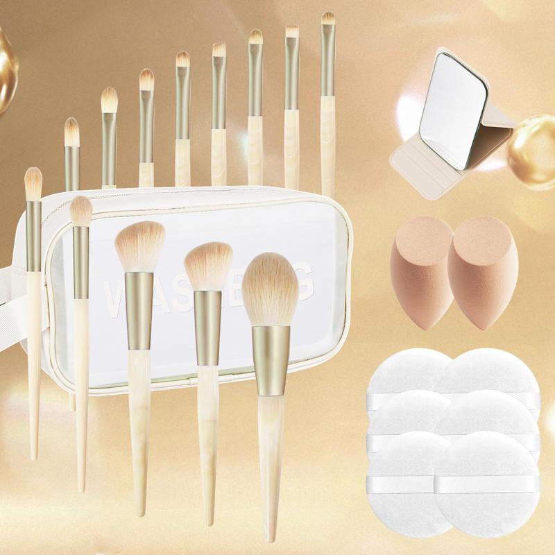 Professional Makeup Tool Set, 1 Set Makeup Brush & Sponge & Powder Puff & Mirror & Storage Bag, Professional Makeup Tools for Women