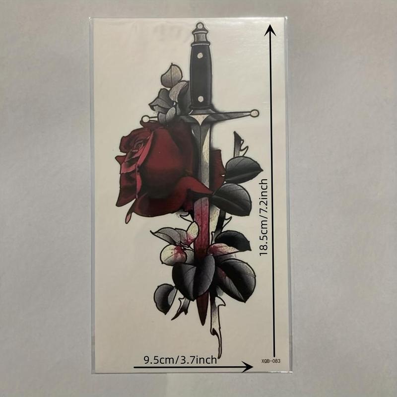 Rose & Sword Pattern Temporary Tattoo Sticker, 1 Sheet Waterproof Fake Tattoo Sticker, Body Art Sticker for Women & Men