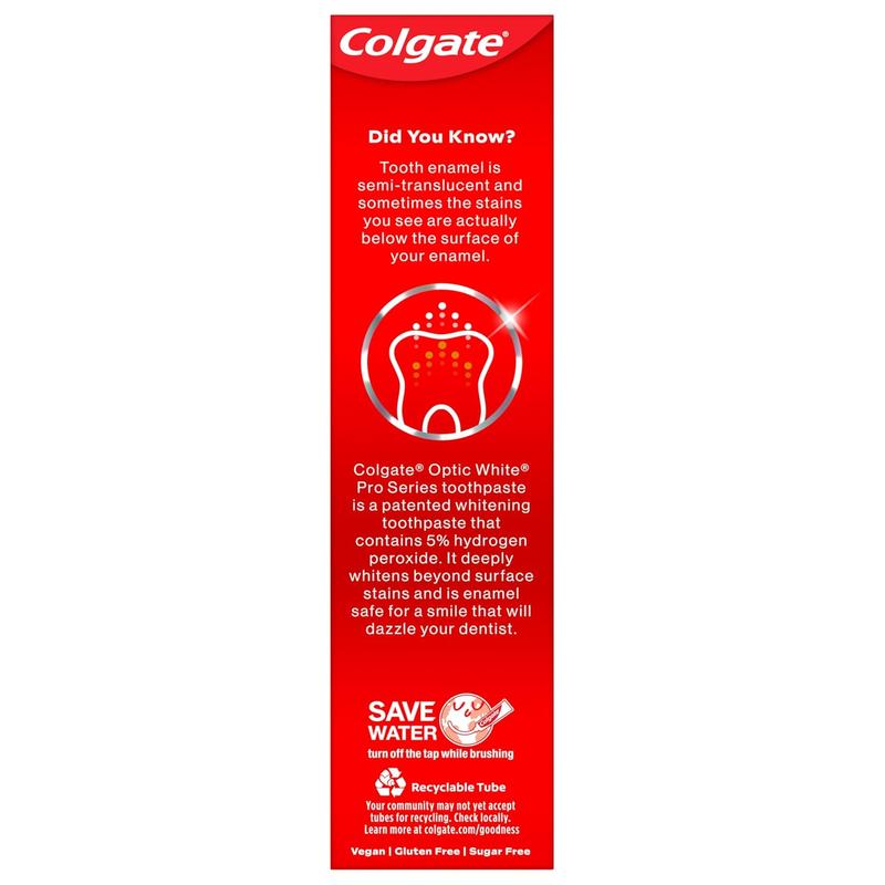 Colgate Optic White Pro Series Whitening Toothpaste with 5% Hydrogen Peroxide, Stain Prevention, 3 oz Tube, 2 Pack