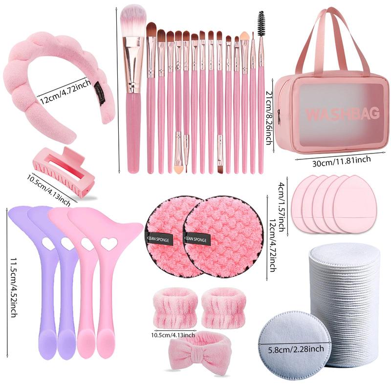 Professional Makeup Tool Set, 1 Box Makeup Brush & Makeup Remover Pads & Hair Band & Wristband & Puffs & Bag, Multifunctional Travel Makeup Cleansing Tool Set