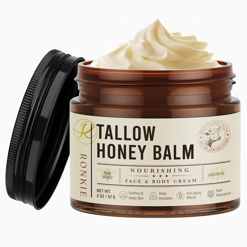 Beef Tallow for Skin Care: Grass-Fed Beef Tallow and Raw Honey Balm - Unscented Natural Tallow Face Moisturizer Smooth Soft for Dry Skin 2oz