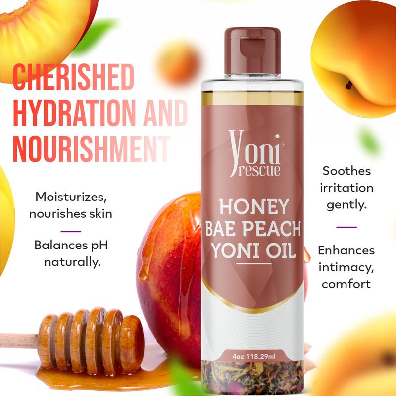 Honey Bae Peach Yoni Oil, 4oz, with Apricot, Jojoba, Avocado Oils & Vitamin E Oil, Fast-Absorbing, Nourishes and Hydrates Skin, Skin Repair, Body Care, Ideal for All Skin Types, Peach & Honey Scented Fragrance Moisturizer, by Yoni Rescue