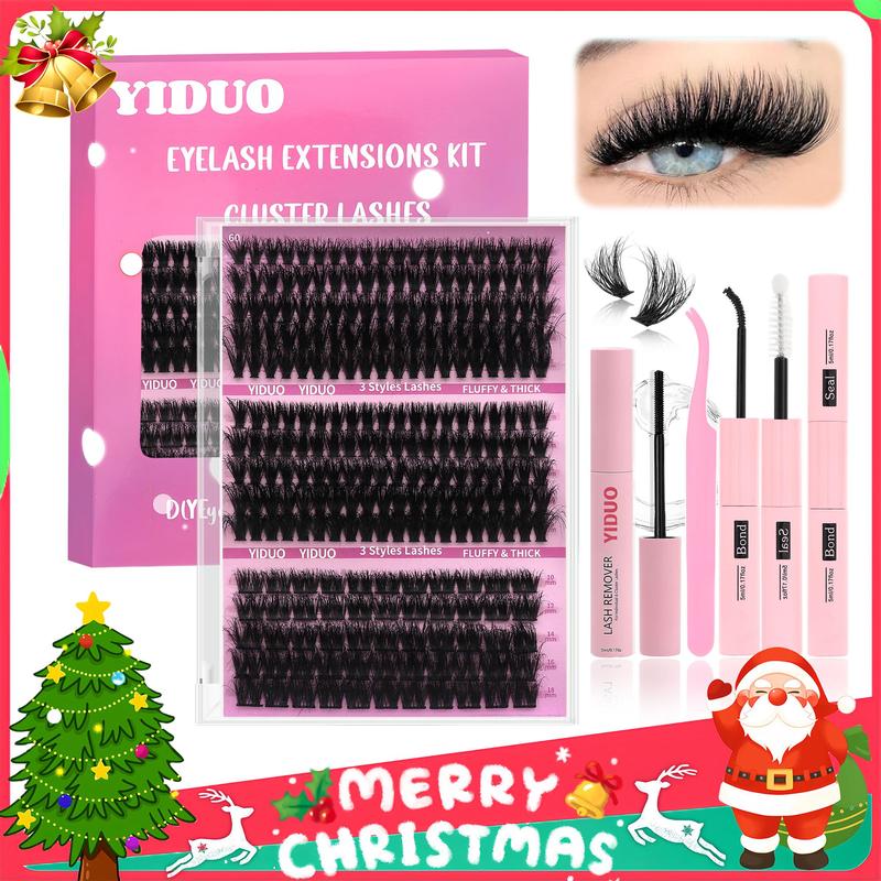 Christmas Fluffy Eyelashes Extension Kit, 60D & 80D & Thick Volume Lash Clusters Kit DIY Lash Extension Kit D Curl Volume Eyelash Extensions Individual Lashes Kit with Lash Bond and Seal, Tweezers, Fall Gift, Boyfriend Gift, Christmas Gift