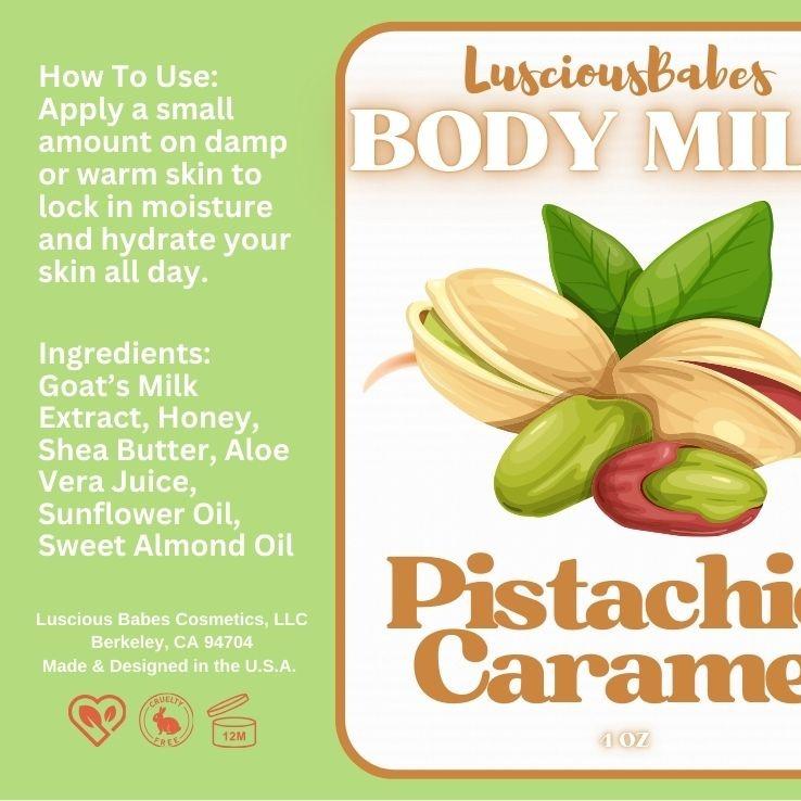 Pistachio Salted Caramel Goat Body Milk - lightweight, fast-absorbing, non-greasy, hydrating, moisturizing creamy lotion