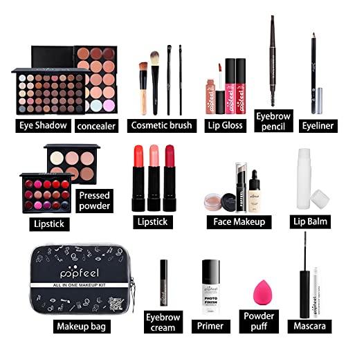 All in One Makeup Kit for Women Full Kit Girls Makeup Gift Sets Xmas Essential Bundle Include Eyeshadow Palette Lipstick Blush Concealer Eyeliner Mascara Foundation Brush Eyebrow Pencil