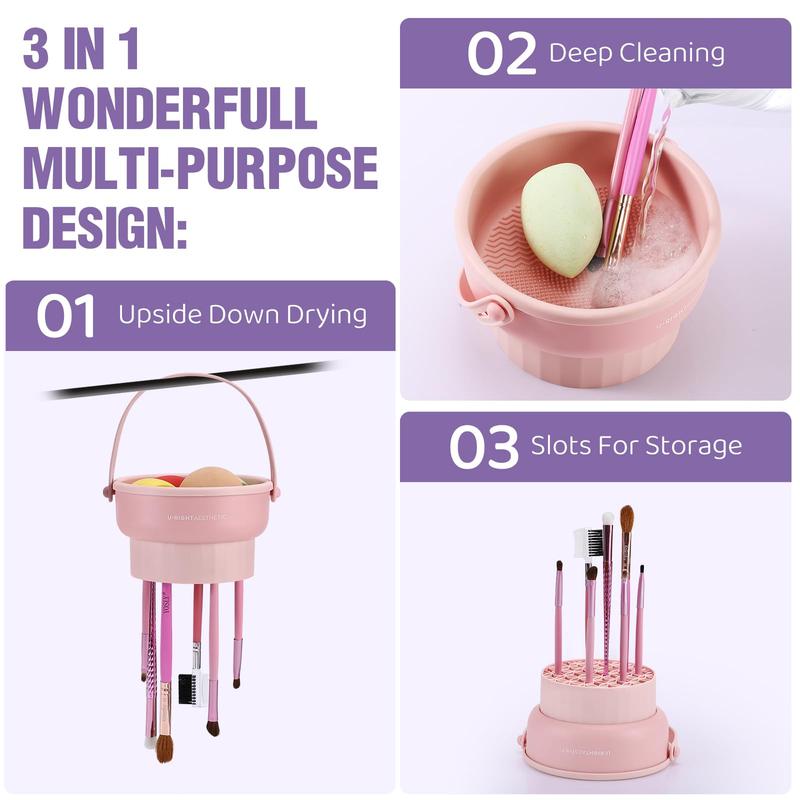 Makeup Brush Cleaner Mat 3 in 1 Silicone Makeup Brush Cleaner Bowl Cosmetic Brushes Cleaning Tool Organizer for Storage and Air Dry (Pink) Cleansing