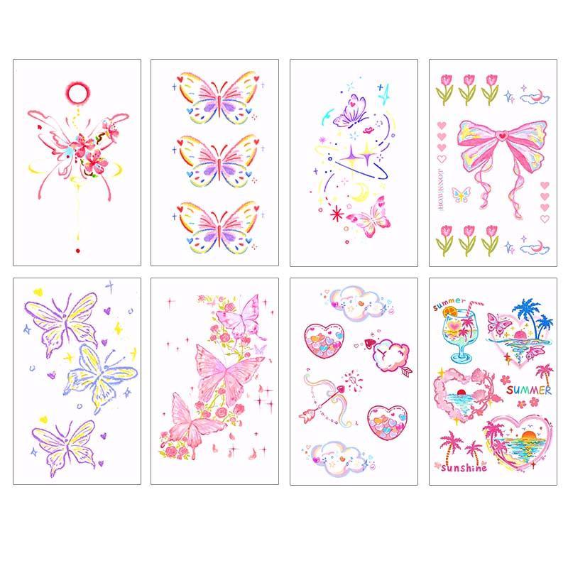 Butterfly & Heart Pattern Temporary Tattoo Sticker, 8 Counts set Long Lasting Waterproof Fake Tattoo Sticker, Body Art Sticker for Women & Men