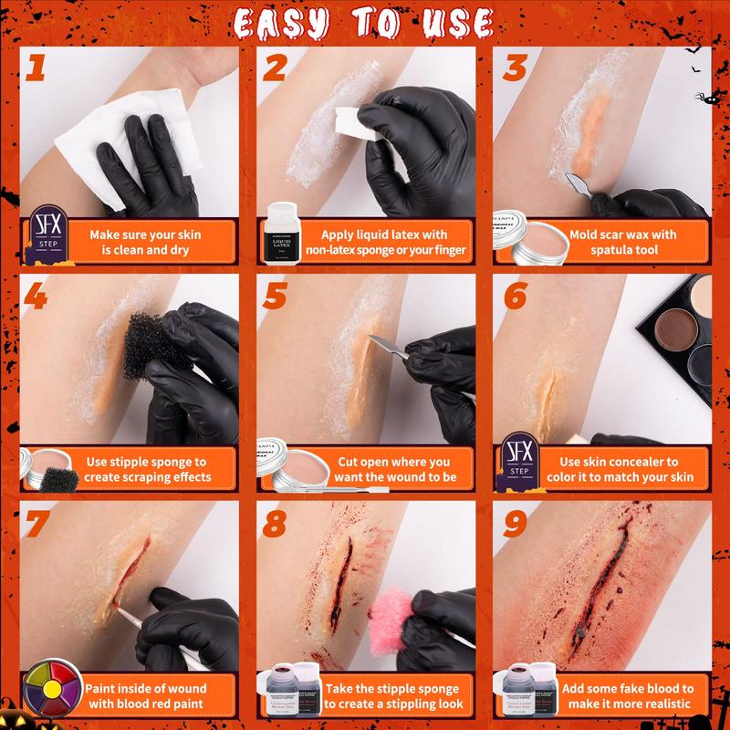 Halloween Liquid Latex Special Effects SFX Makeup Kit - Scar Wax + 2 Btl Liquid Latex + 2 Btl Fake Blood + Spatula Tool + 2Pcs Stipple Sponge + 4Pcs Makeup Sponges + Cotton Swabs