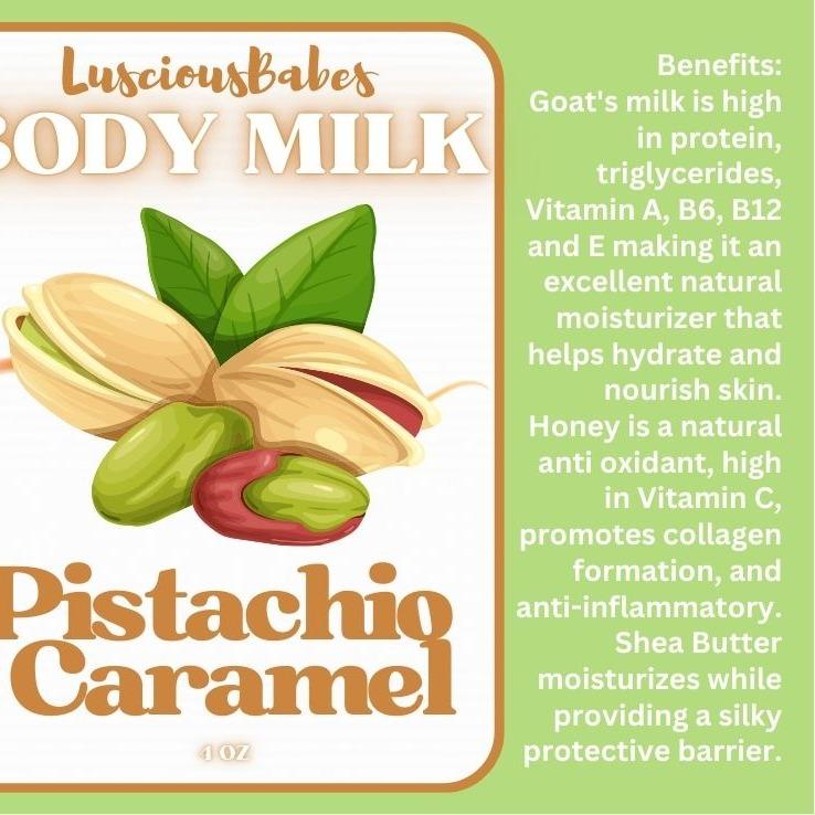 Pistachio Salted Caramel Goat Body Milk - lightweight, fast-absorbing, non-greasy, hydrating, moisturizing creamy lotion