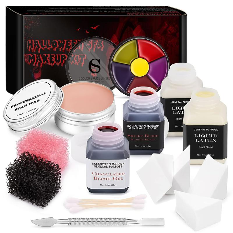 Halloween Liquid Latex Special Effects SFX Makeup Kit - Scar Wax + 2 Btl Liquid Latex + 2 Btl Fake Blood + Spatula Tool + 2Pcs Stipple Sponge + 4Pcs Makeup Sponges + Cotton Swabs