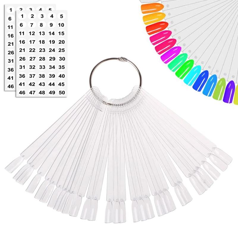 50 Pcs Nail Swatch Sticks with Ring and Numbered Tips - Clear Fan-shaped Display for Nail Art Polish Practice