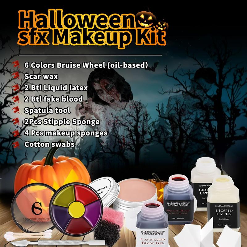 Halloween Liquid Latex Special Effects SFX Makeup Kit - Scar Wax + 2 Btl Liquid Latex + 2 Btl Fake Blood + Spatula Tool + 2Pcs Stipple Sponge + 4Pcs Makeup Sponges + Cotton Swabs