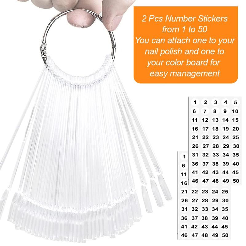 50 Pcs Nail Swatch Sticks with Ring and Numbered Tips - Clear Fan-shaped Display for Nail Art Polish Practice