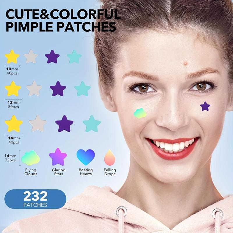 Colorful Mixed Shape Invisible Acne Patches, 232pcs box Cute Star Cloud Heart Pattern Acne Patches, Professional Skincare Products for Face & Body