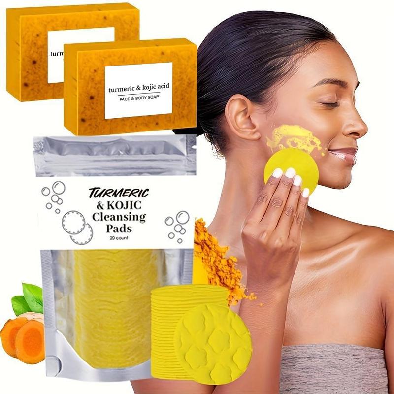 Turmeric Facial Cleansing Set, 2 Counts Turmeric Lemon Cleansing Soaps & 1 Pack Facial Cleansing Pads, Facial Skin Care Kit for Women & Men, Christmas Gift