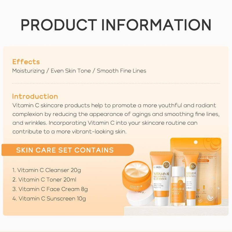 Vitamin C Skin Care Kit, 4 Counts set Cleanser & Toner & Face Cream & Sun Light Protection Cream, Skin Care Products for Women & Men Travel Use