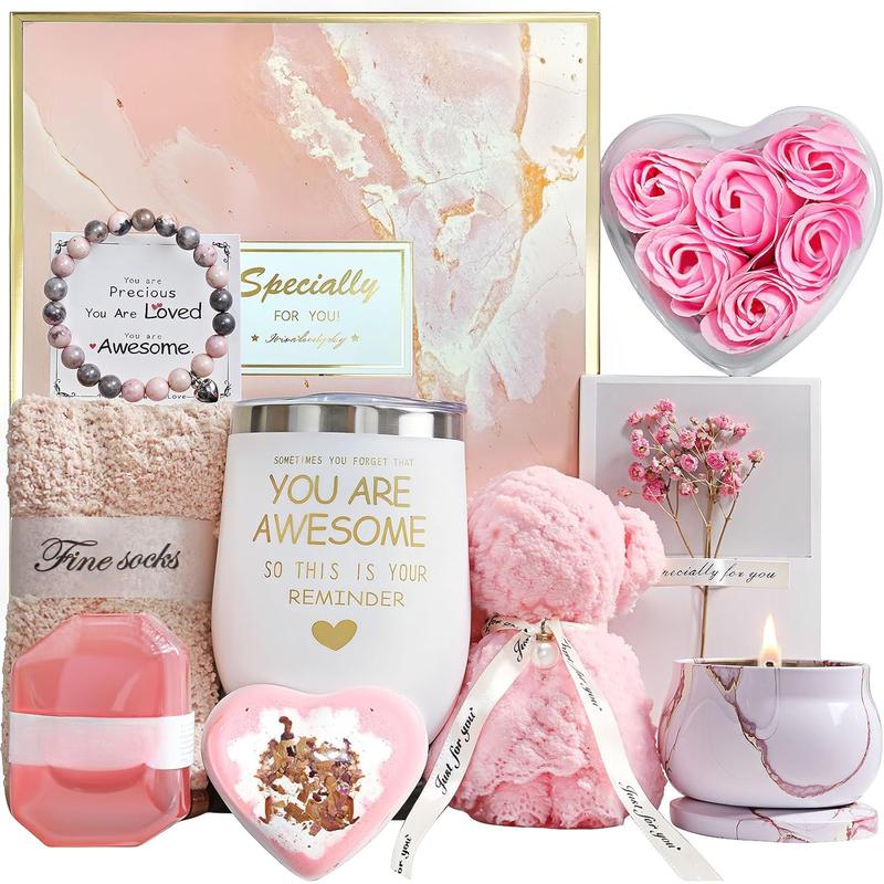 Pink Birthday Gifts for Women, 9 count Self Care Spa Gifts, Get Well Soon Gifts Basket, Unique Rose Relaxing Package for Mom Her Best Friends Sister Wife, Mothers Day Gifts Idea.