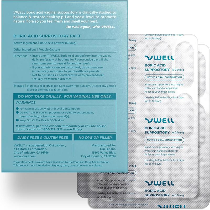 VWELL Boric Acid Vaginal Suppositories 30 Counts Blister Pack - Maintains and Balances Healthy Vaginal pH & Microbiome to Manage Odor Itch Burning Irritation Intimacy - Doctors Recommended for Women