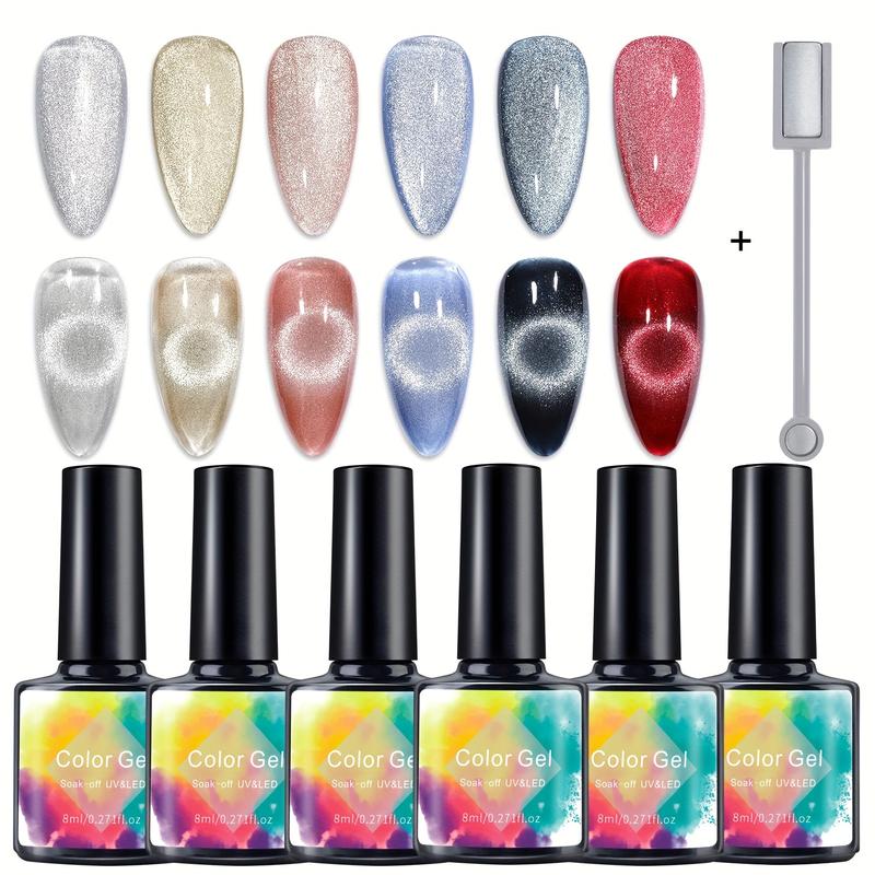 6 Colors Breath Flash Cat's Eye Gel Nail Polish Set with Free Magnet and UV LED Immersion for Home DIY Nail Salon